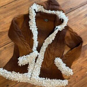 Handmade 100% Wool Brown Ombre Cable Knit Fringe Full Zipper & Hood Sweater coat